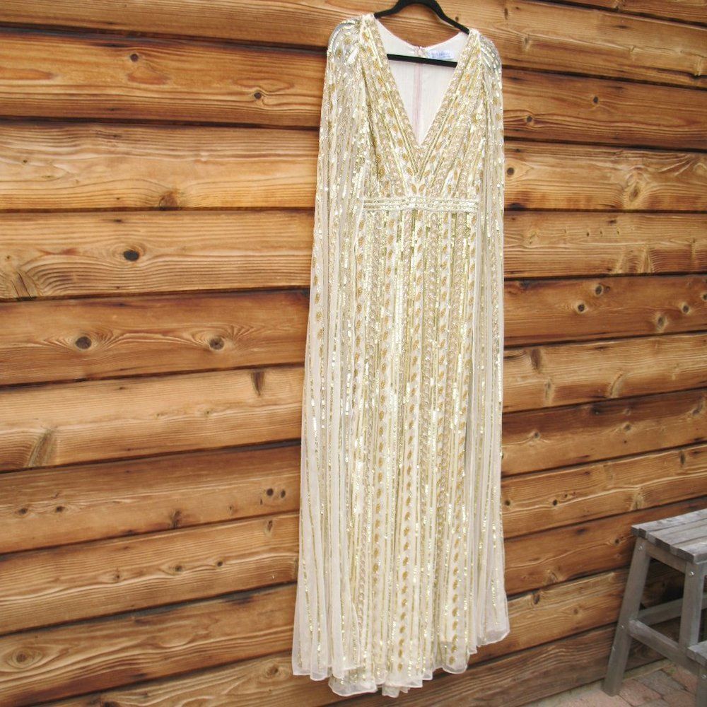 NWT Mac Duggal 5915 SEQUINED V-NECK GOWN Dress WITH CAPE SLEEVES Nude Silver 8 - Picture 6 of 15